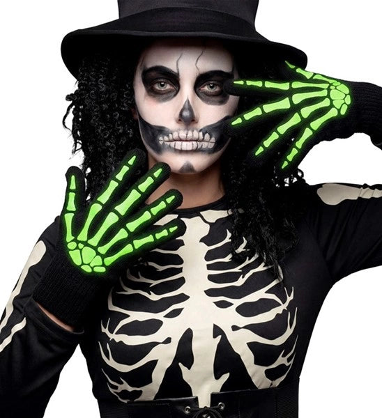 Guanti di Halloween neri e bianchi con scheletro, che si illuminano al buio