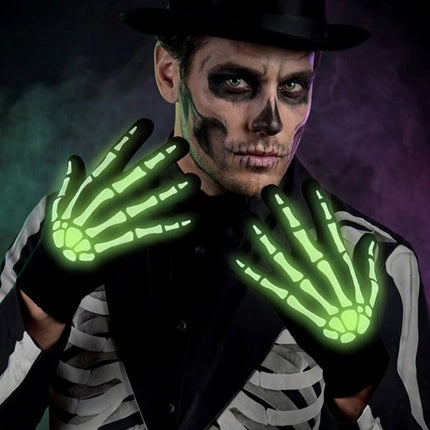 Guanti di Halloween neri e bianchi con scheletro, che si illuminano al buio