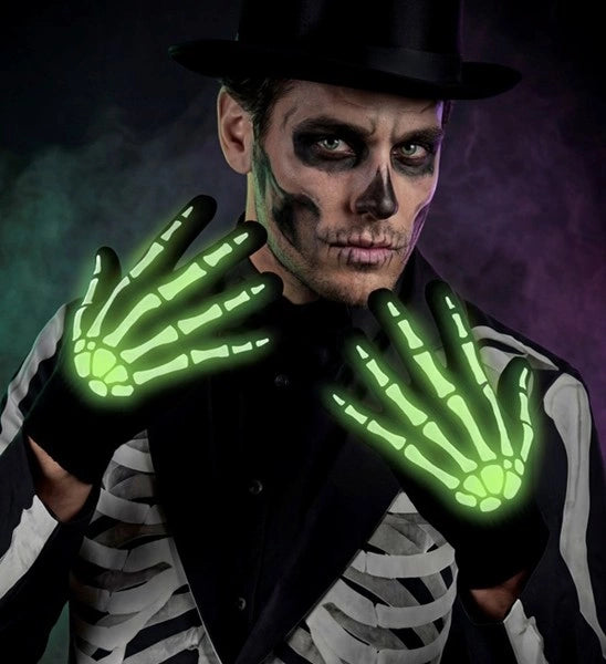 Guanti di Halloween neri e bianchi con scheletro, che si illuminano al buio