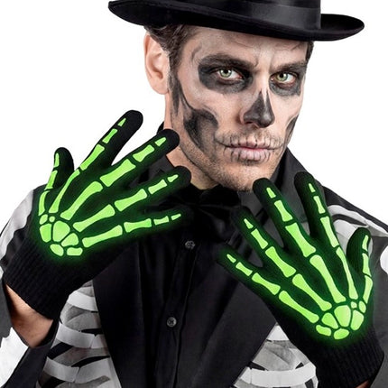 Guanti di Halloween neri e bianchi con scheletro, che si illuminano al buio