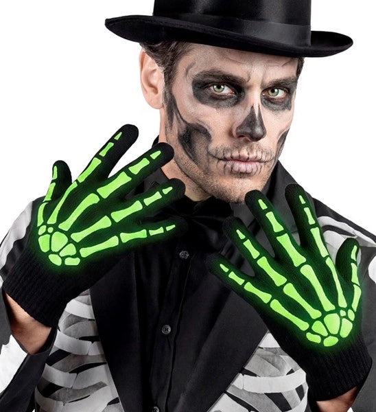 Guanti di Halloween neri e bianchi con scheletro, che si illuminano al buio