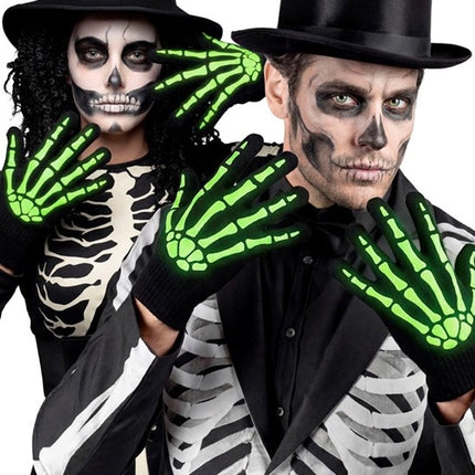 Guanti di Halloween neri e bianchi con scheletro, che si illuminano al buio