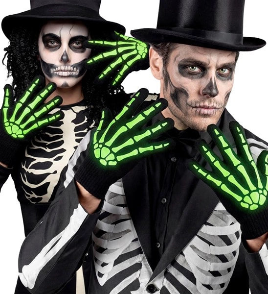 Guanti di Halloween neri e bianchi con scheletro, che si illuminano al buio