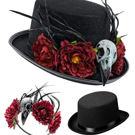 Cappello di Halloween con fiori voodoo e scheletro