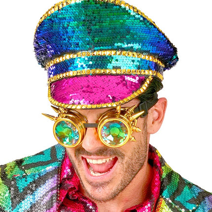 Cappello colorato con paillettes e occhiali