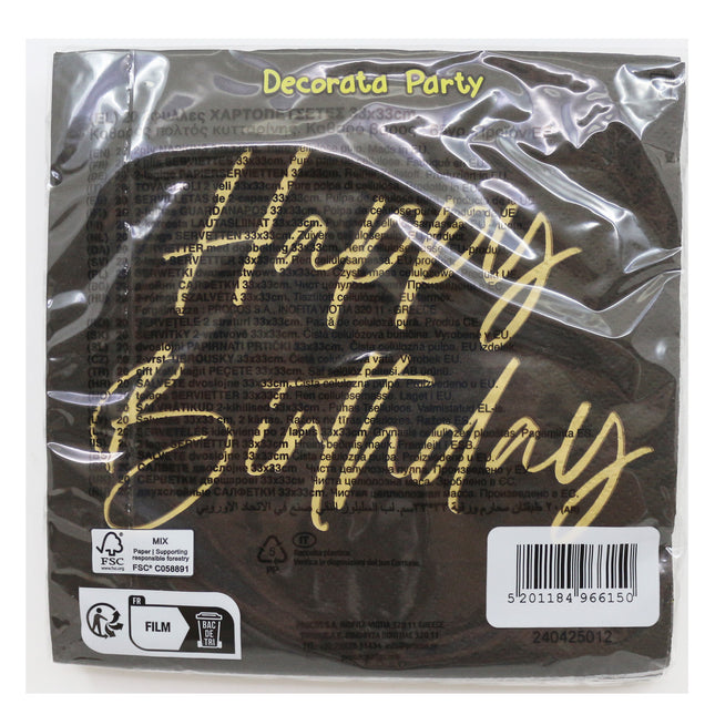 Tovaglioli di Buon Compleanno Oro Nero 2 Strati 33cm 20pz