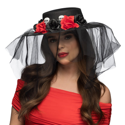 Cappello Halloween Nero Rosso Fiori
