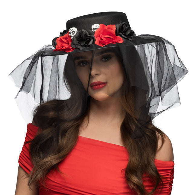 Cappello Halloween Nero Rosso Fiori