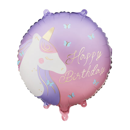 Palloncino in foil rotondo Happy Birthday con unicorno, 35x35 cm, misto