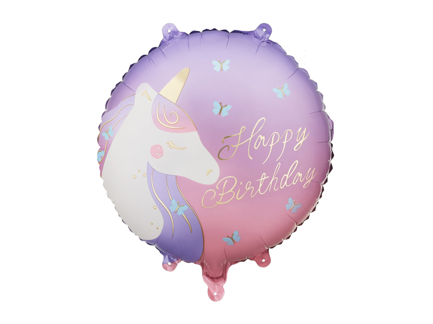 Palloncino in foil rotondo Happy Birthday con unicorno, 35x35 cm, misto
