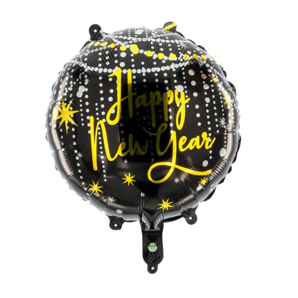 Palloncino ad elio "Happy Birthday" nero e oro, rotondo, vuoto, 45 cm