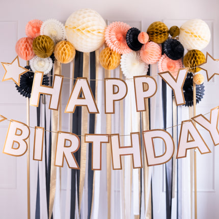 Ghirlanda di lettere di buon compleanno in oro bianco 3m