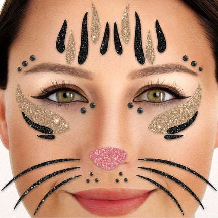 Tatuaggi finti oro e nero per il viso con glitter a forma di gatto