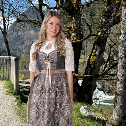 Abito Dirndl marrone Oktoberfest Donna Fiori 2 pezzi