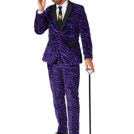Costume da pimp da uomo, viola, con stampa zebrata, 3 pezzi