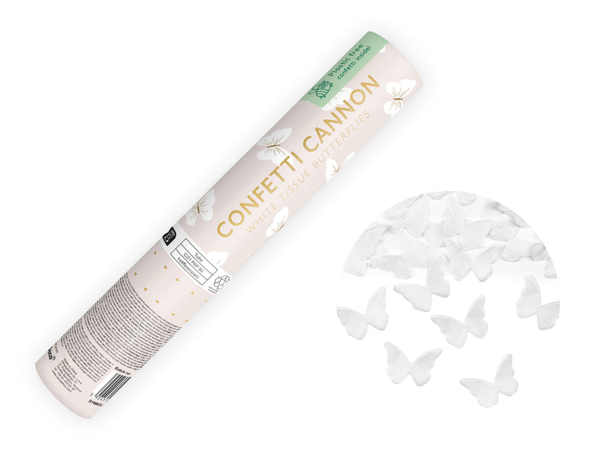 Cannone di coriandoli a farfalla bianco 20 cm