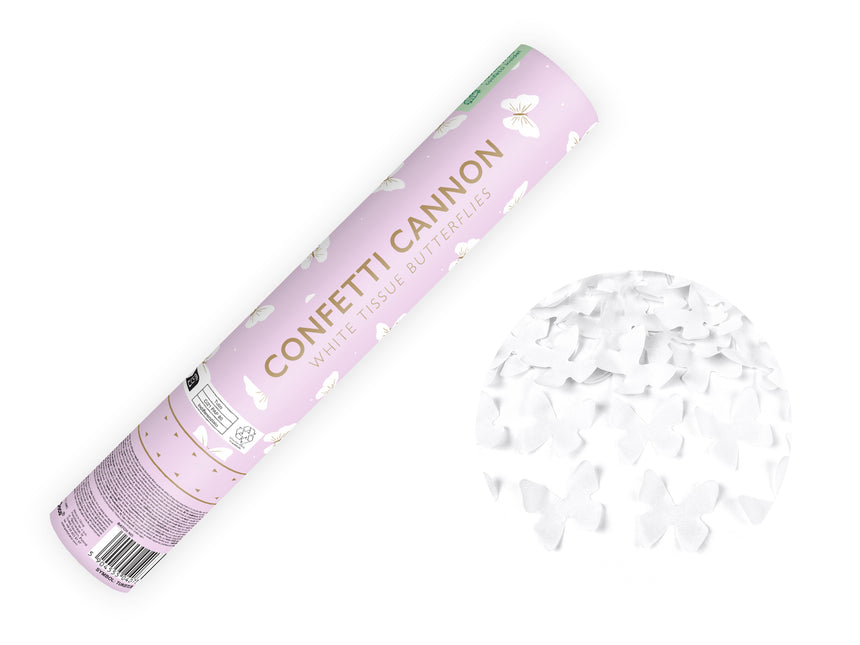 Cannone di coriandoli a farfalla bianco 28 cm