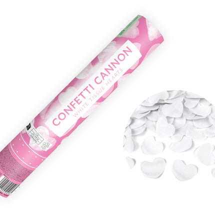 Cannone di coriandoli a cuore bianco 28 cm
