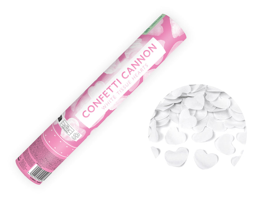 Cannone di coriandoli a cuore bianco 28 cm