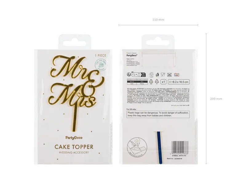 Acryl taarttopper MR & MRS, goudkleurig, 16,5 cm van Partydeco koop je bij Partywinkel