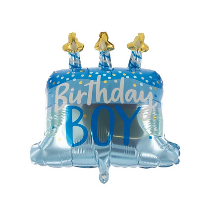 Palloncino ad elio "Birthday Boy" blu con torta (vuoto) 70 cm