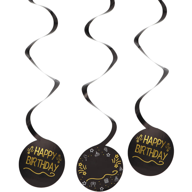 Decorazione appesa di buon compleanno nero oro 3 pezzi