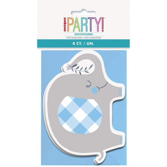 Baby Olifant Uitnodigingen Blauw 8st van Unique koop je bij Partywinkel