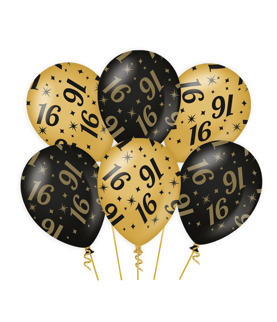 Ballonnen 16 Jaar Goud Zwart 30cm 6st van Paper Dreams koop je bij Partywinkel