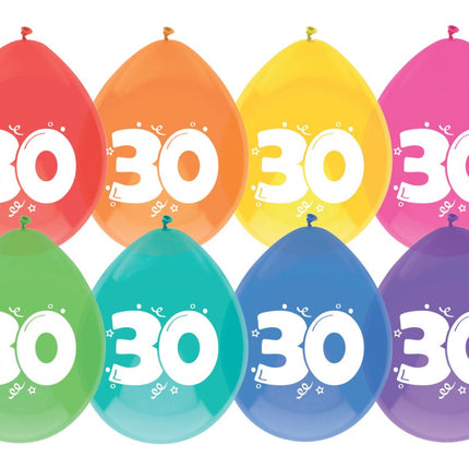 Ballonnen 30 Jaar Gekleurd 30cm 8st van Haza Witbaard koop je bij Partywinkel