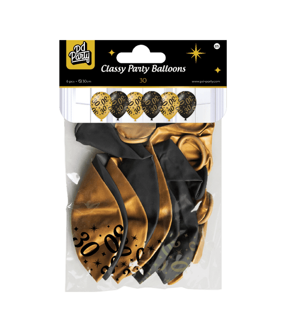 Ballonnen 30 Jaar Goud Zwart 30cm 6st van Paper Dreams koop je bij Partywinkel