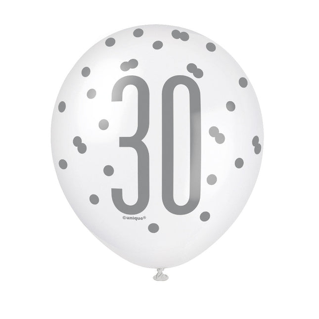 Ballonnen 30 Jaar Stippen Zwart 30cm 6st van Unique koop je bij Partywinkel
