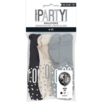Ballonnen 50 Jaar Stippen Zwart 30cm 6st van Unique koop je bij Partywinkel