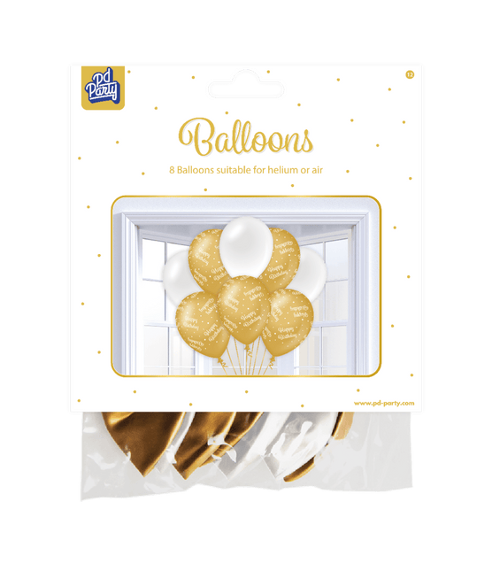 Ballonnen Happy Birthday Goud Wit 30cm 8st van Paper Dreams koop je bij Partywinkel
