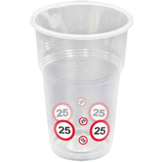 Bekers 25 Jaar Verkeersbord Plastic 350ml 8st - Partywinkel - 8714572282253