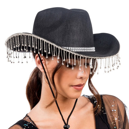 Cappello da cowboy nero con strass pendenti, taglia unica