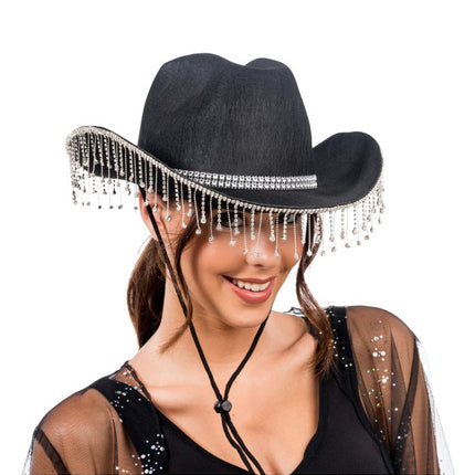 Cappello da cowboy nero con strass pendenti, taglia unica