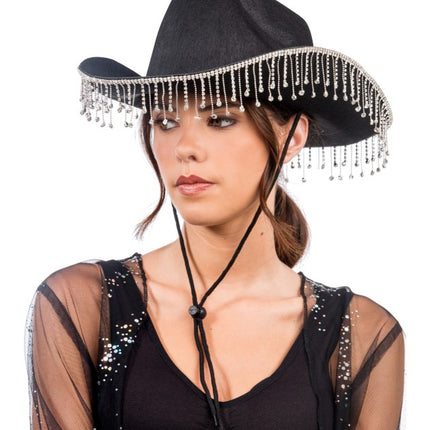 Cappello da cowboy nero con strass pendenti, taglia unica