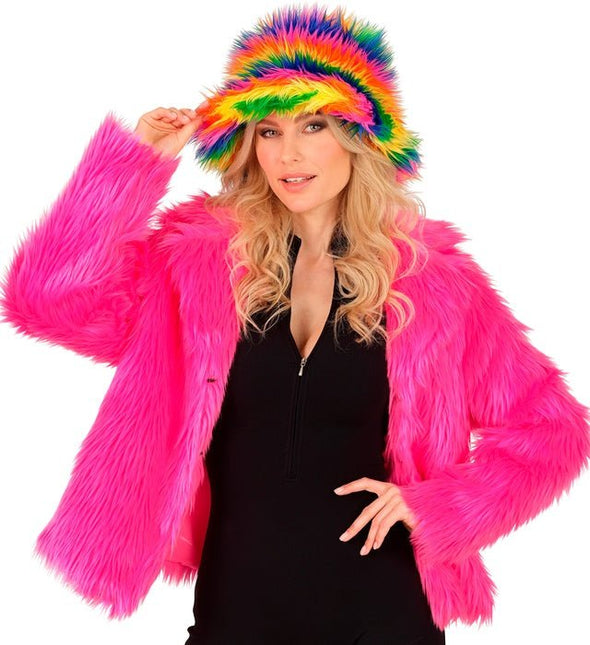Bontjas Pluche Dames Neon Roze van Widmann koop je bij Partywinkel