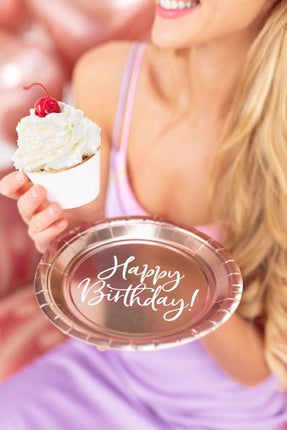 Borden Happy Birthday Rose Goud 18cm 6st van Partydeco koop je bij Partywinkel