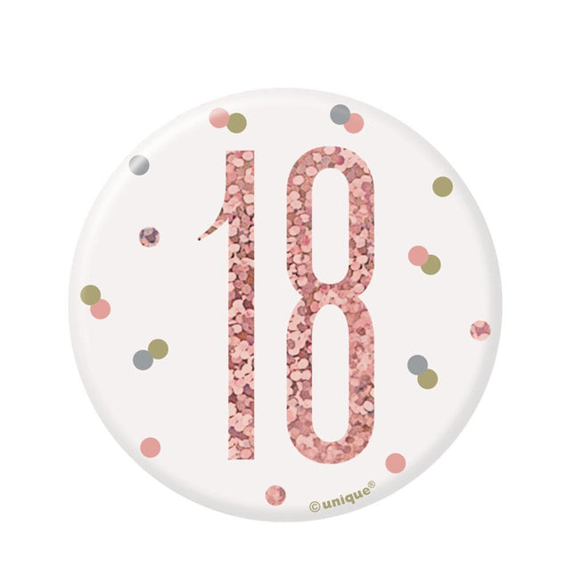 Button 18Jaar Rose Goud 8cm van Unique koop je bij Partywinkel
