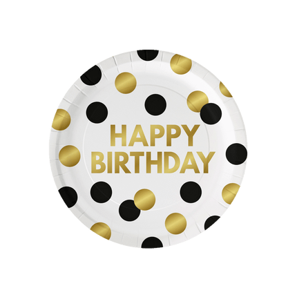 Piatti di Buon Compleanno Nero Oro a Pois 23cm 8pz