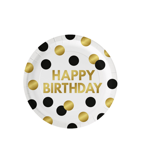 Piatti di Buon Compleanno Nero Oro a Pois 23cm 8pz