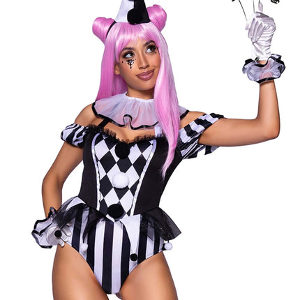 Clownspak Zwart Wit Dames Bodysuit Leg Avenue - Partywinkel - 714718563343