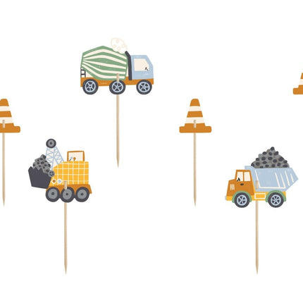 Cocktailprikkers Bouwvoertuigen 6st van Partydeco koop je bij Partywinkel