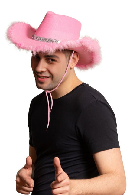 Cowboy Hoed Glitter met Bont Roze van Partychimp koop je bij Partywinkel