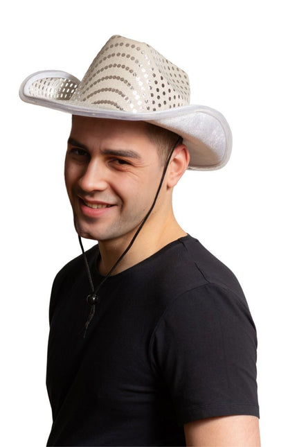 Cowboy Hoed Zilver Pailletten Met Licht van Partychimp koop je bij Partywinkel
