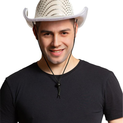 Cowboy Hoed Zilver Pailletten Met Licht van Partychimp koop je bij Partywinkel