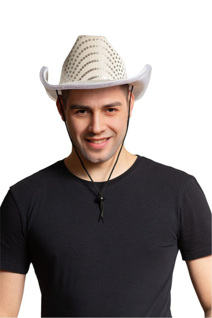 Cowboy Hoed Zilver Pailletten Met Licht van Partychimp koop je bij Partywinkel