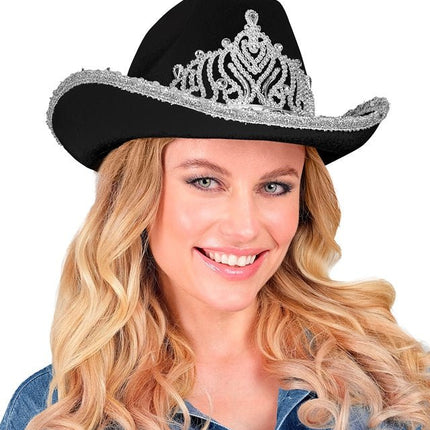 Cowboyhoed Partygirl Met Tiara Zwart van Widmann koop je bij Partywinkel