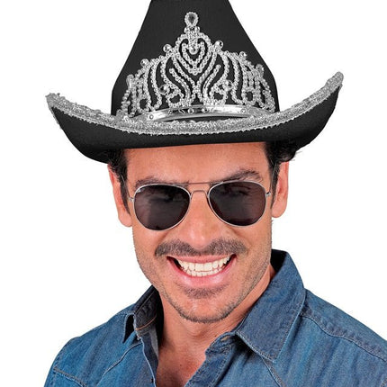 Cowboyhoed Partygirl Met Tiara Zwart van Widmann koop je bij Partywinkel